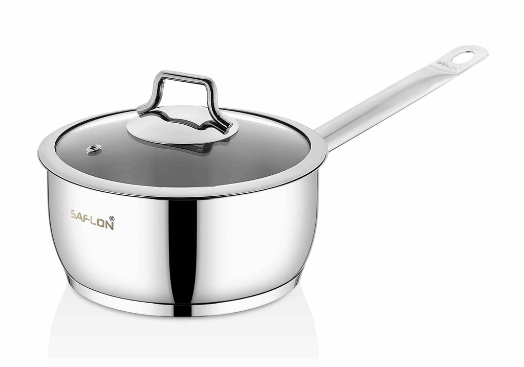 Saflon Stainless Steel Tri-Ply Capsulated Bottom 3 Quart Sauce Pan with Glass Lid, Induction Ready, Oven and Dishwasher Safe