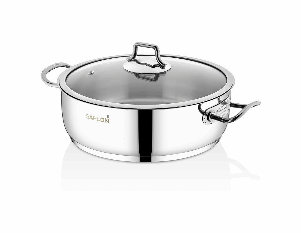 Saflon Stainless Steel Tri-Ply Capsulated Bottom 4 Quart Saute Pot with Glass Lid, Induction Ready, Oven and Dishwasher Safe